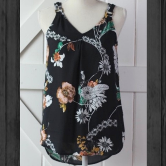 Maurices Black Floral Sleeveless V-Neck Blouse Tank Top XS K0118 - Picture 1 of 8